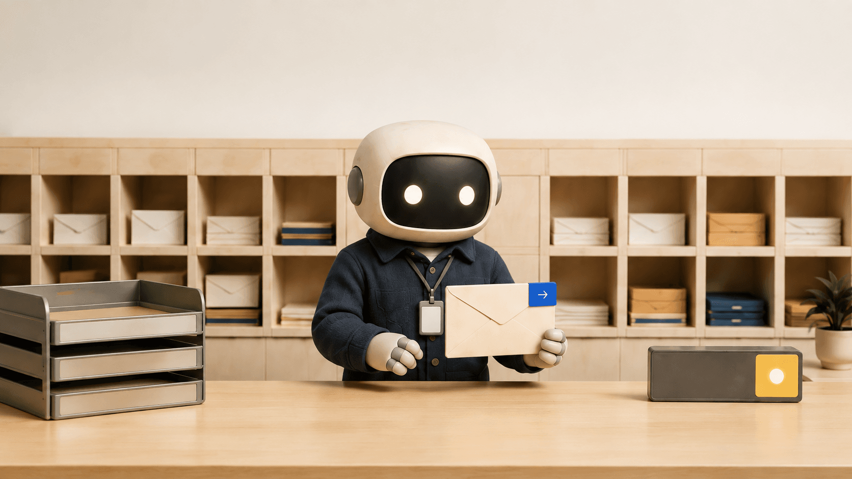 A ZeiroMail agent holding a letter behind a calm, organized mailroom counter