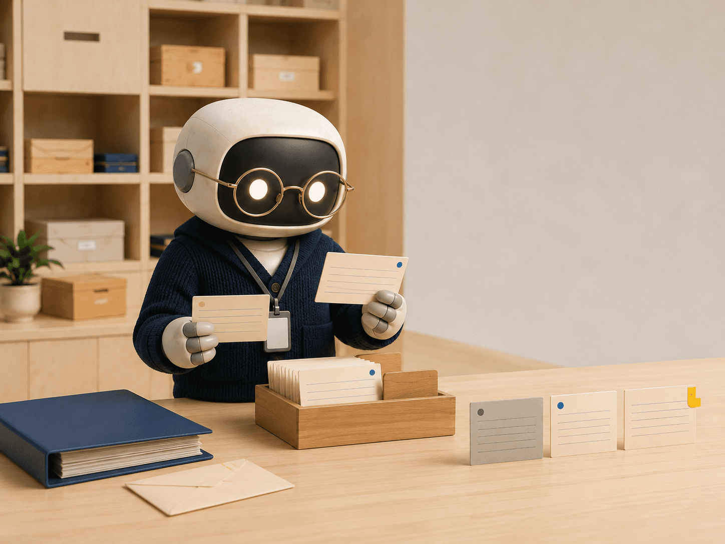 A ZeiroMail archivist agent working with a card index and source documents